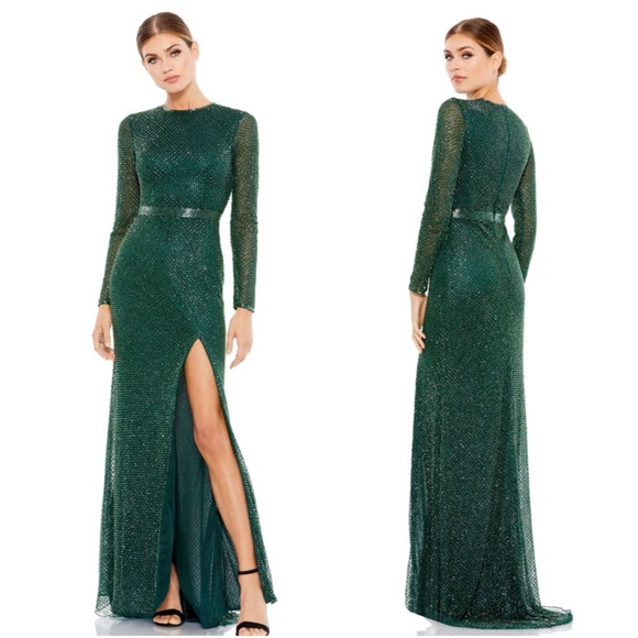 MAC DUGGAL Beaded High Neck Long Sleeve Gown NEW Size 8 Bottle Green Dress